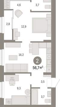 2-к квартира, вторичка, 57м2, 9/17 этаж