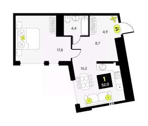 1-к квартира, вторичка, 52м2, 17/17 этаж