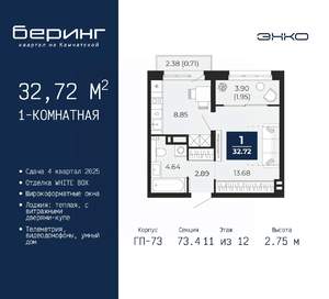 1-к квартира, вторичка, 33м2, 11/22 этаж