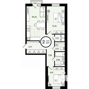 2-к квартира, вторичка, 69м2, 4/4 этаж