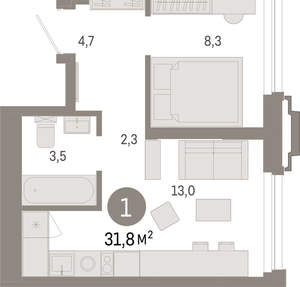1-к квартира, вторичка, 32м2, 13/25 этаж