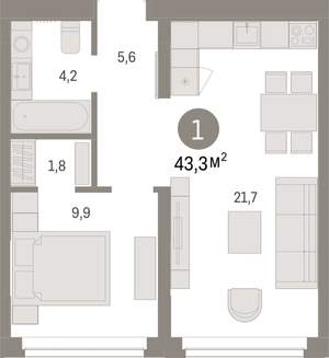 1-к квартира, вторичка, 43м2, 5/16 этаж