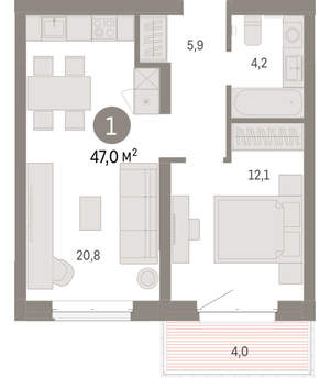 1-к квартира, вторичка, 47м2, 3/11 этаж