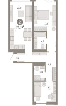 2-к квартира, вторичка, 70м2, 3/16 этаж