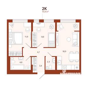 2-к квартира, вторичка, 56м2, 10/14 этаж