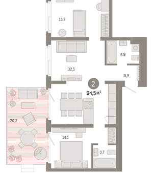 2-к квартира, вторичка, 95м2, 2/11 этаж