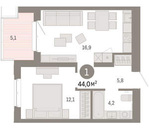 1-к квартира, вторичка, 44м2, 4/11 этаж