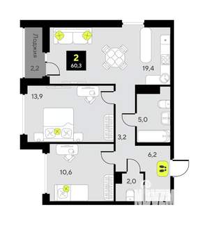 2-к квартира, вторичка, 60м2, 2/7 этаж