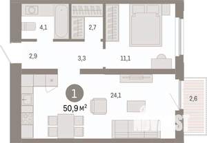 1-к квартира, вторичка, 51м2, 13/16 этаж