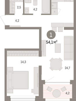1-к квартира, вторичка, 54м2, 7/8 этаж