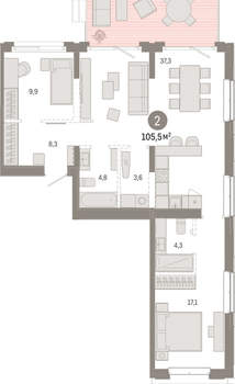 2-к квартира, вторичка, 105м2, 2/11 этаж