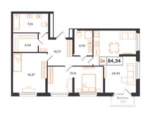 3-к квартира, строящийся дом, 84м2, 24/24 этаж