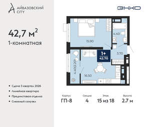 1-к квартира, вторичка, 43м2, 15/24 этаж