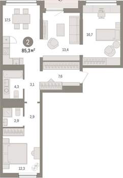 2-к квартира, вторичка, 85м2, 3/9 этаж