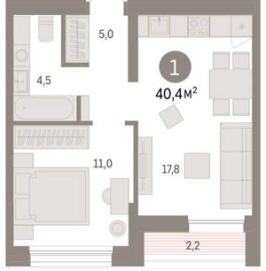 1-к квартира, вторичка, 40м2, 9/17 этаж