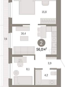 2-к квартира, вторичка, 56м2, 7/17 этаж