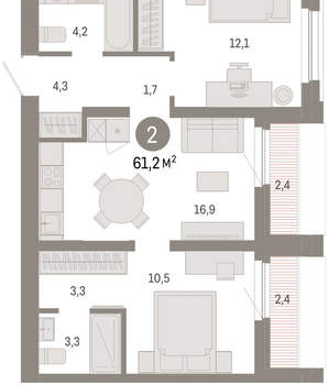 2-к квартира, вторичка, 61м2, 8/16 этаж
