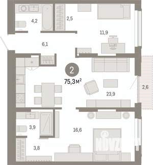 2-к квартира, вторичка, 75м2, 9/17 этаж