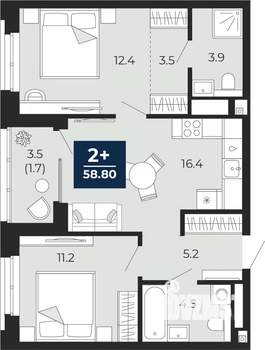 2-к квартира, вторичка, 59м2, 3/16 этаж