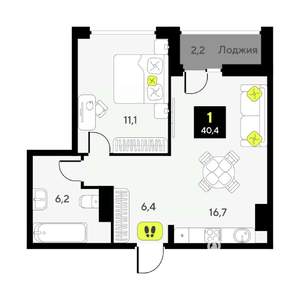 1-к квартира, вторичка, 40м2, 2/7 этаж