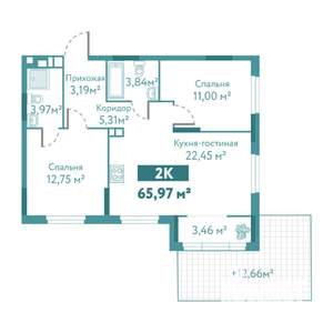 2-к квартира, вторичка, 66м2, 1/10 этаж