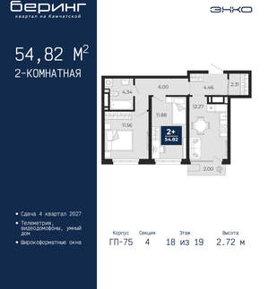 2-к квартира, вторичка, 55м2, 18/24 этаж