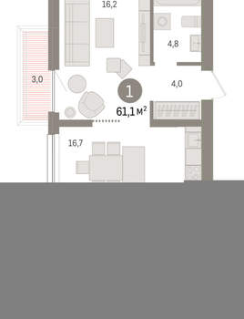 1-к квартира, вторичка, 61м2, 3/9 этаж