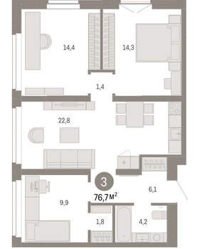 3-к квартира, вторичка, 77м2, 8/16 этаж