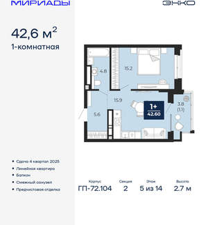 1-к квартира, вторичка, 43м2, 5/18 этаж
