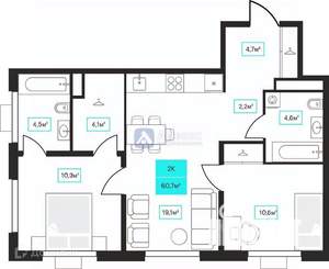 2-к квартира, вторичка, 61м2, 10/23 этаж
