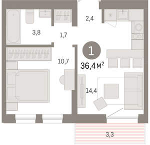 1-к квартира, вторичка, 36м2, 6/17 этаж