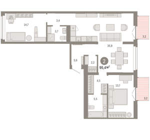 2-к квартира, вторичка, 95м2, 2/16 этаж