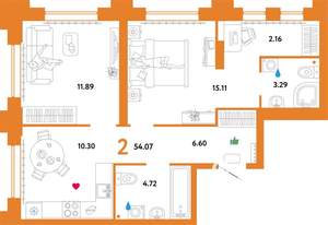 2-к квартира, вторичка, 54м2, 18/31 этаж