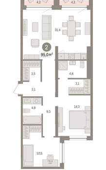 2-к квартира, вторичка, 95м2, 2/8 этаж