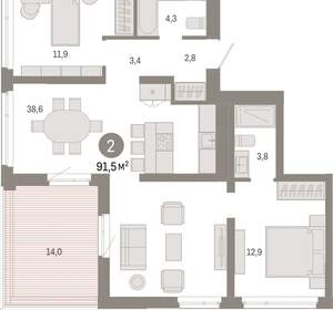2-к квартира, вторичка, 91м2, 9/25 этаж