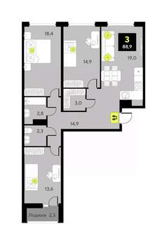 3-к квартира, вторичка, 89м2, 3/9 этаж