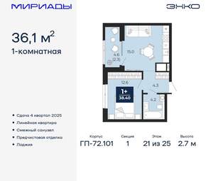 1-к квартира, вторичка, 36м2, 21/25 этаж