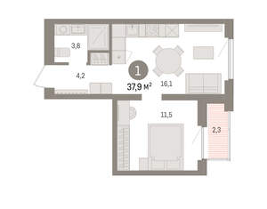 1-к квартира, вторичка, 38м2, 15/16 этаж