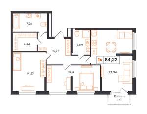 3-к квартира, строящийся дом, 84м2, 2/24 этаж