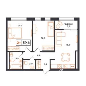 2-к квартира, строящийся дом, 60м2, 13/17 этаж