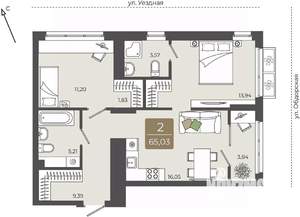 2-к квартира, вторичка, 65м2, 5/15 этаж