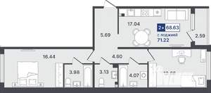 2-к квартира, строящийся дом, 69м2, 2/8 этаж