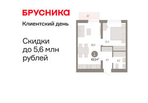 1-к квартира, вторичка, 43м2, 5/10 этаж