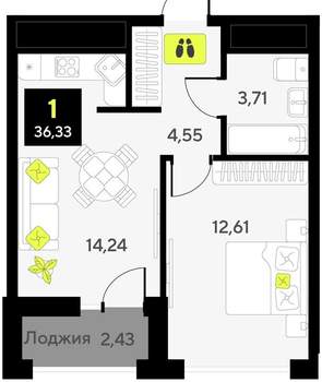 1-к квартира, вторичка, 36м2, 14/14 этаж