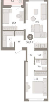 2-к квартира, вторичка, 68м2, 6/16 этаж