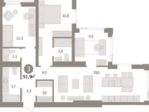 3-к квартира, вторичка, 92м2, 22/25 этаж