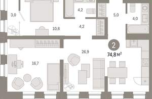 2-к квартира, вторичка, 75м2, 8/9 этаж