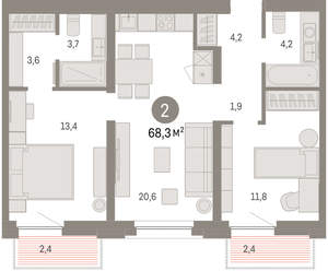 2-к квартира, вторичка, 68м2, 4/16 этаж