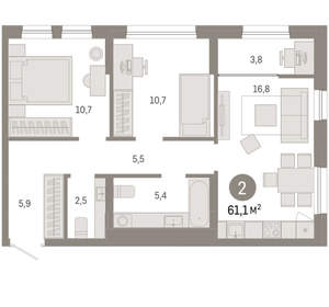 2-к квартира, вторичка, 61м2, 9/17 этаж