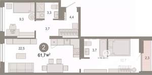 2-к квартира, вторичка, 62м2, 5/9 этаж